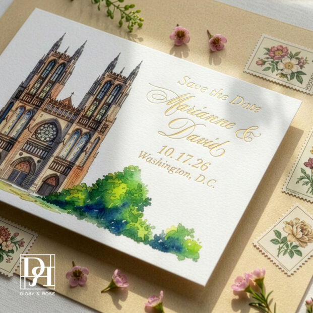 Washington DC save the date featuring an illustrated National Cathedral design