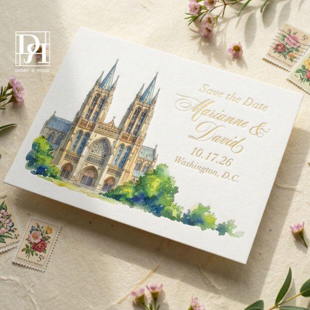 Washington DC save the date featuring an illustrated National Cathedral design